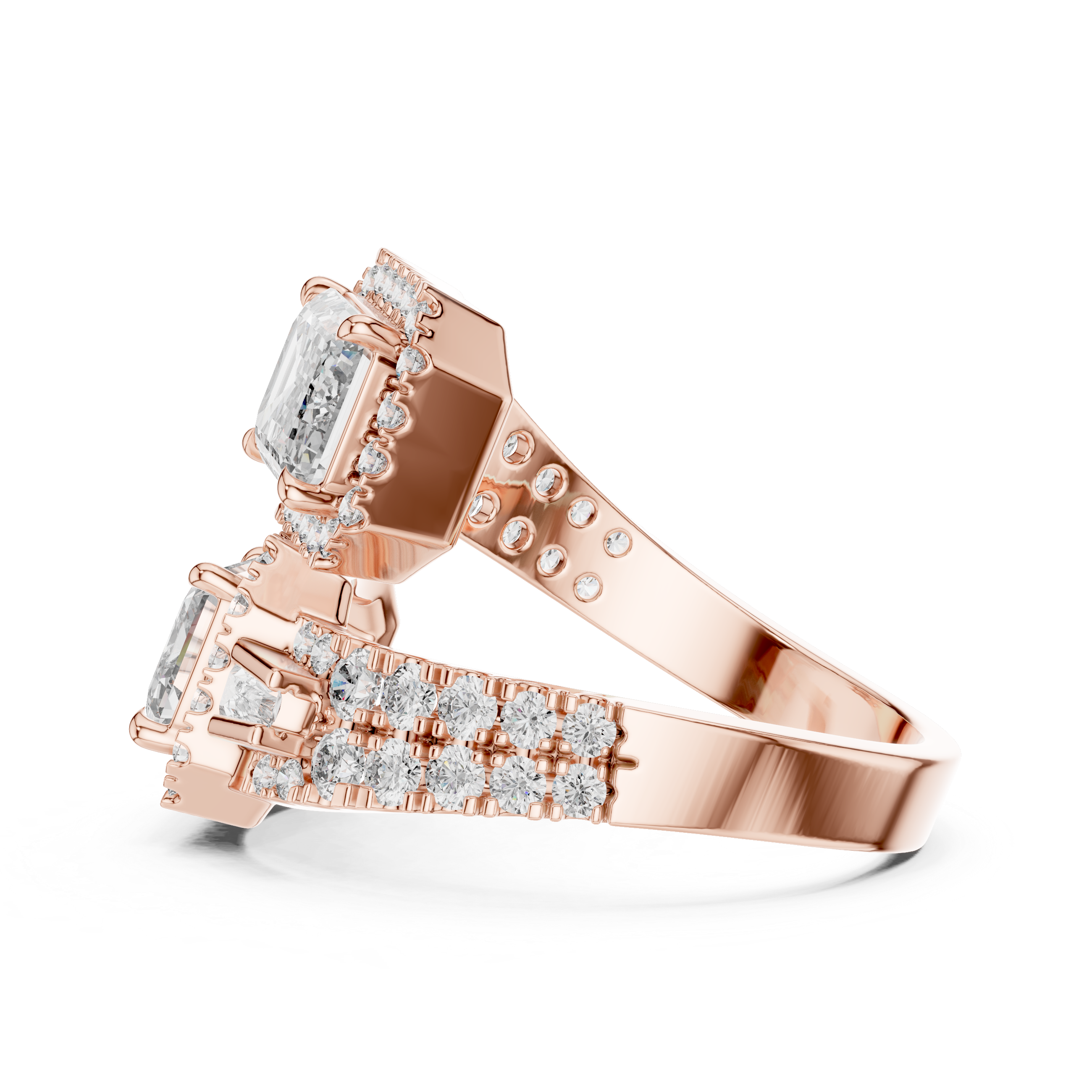 Rose gold ring with diamond accents on a white background